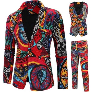 Imagem de Terno Casual De Três Peças Masculino Impresso Retro Jacket Calças Terno Macio Confortável Casaco Calça Slim Fit, Red, 3XL
