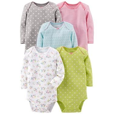 Imagem de Simple Joys by Carter's Pacote com 5 bodies de manga comprida para bebês meninas, verde limão/azul claro/rosa, 0 a 3 meses
