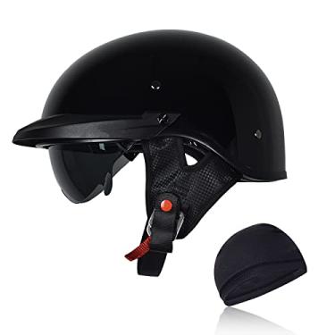 Imagem de CHCYCLE Meio Capacete De Motocicleta Masculino E Feminino Com Protetor Solar, Casco Vintage Para Moto Scooter Cruiser, Aprovado Pela Dot (Preto Brilhante, Pequeno)