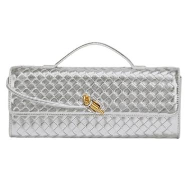 Imagem de NEWBELLA Bolsa clutch feminina feita à mão – Bolsa tiracolo de couro PU para noite e casual, alça de ombro ajustável moderna (prata)