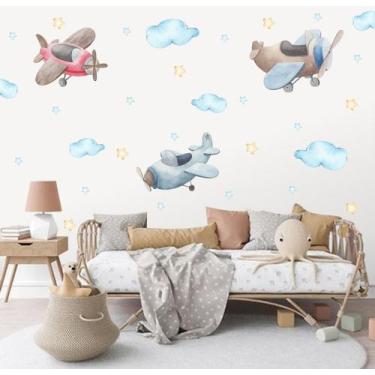 Imagem de Adesivo de Parede Aviões Militares Aquarela Nuvens Estrelas - Adesivos