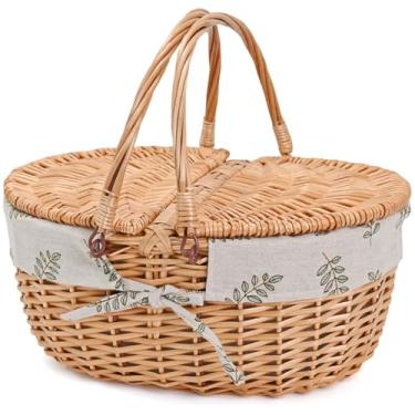 Imagem de Cesta de piquenique de vime com forro removível, cestas de piquenique vazias com tampa, cesto de piquenique com alças dobráveis para piquenique, folhas verdes, grande