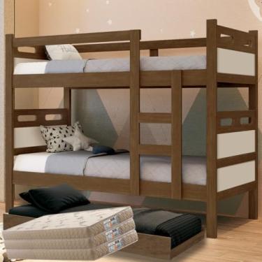 Imagem de Treliche Com Colchões D33, Reforçada, Beliche Barreto com Cama Auxiliar, 3 Colchões D33 Premium, Multifuncional, 3 Camas (OFF WHITE/LEGNO)