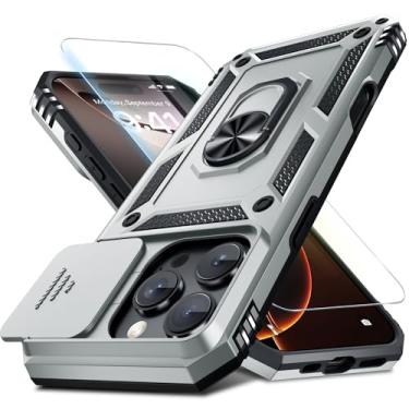 Imagem de Janmitta Capa para iPhone 16 Pro, capa de lente de câmera deslizante integrada + protetor de tela, capa de celular resistente à prova de choque com suporte de anel de dedo, prata