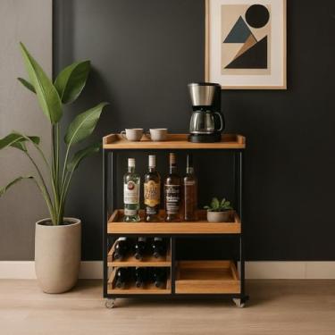 Imagem de Carrinho Aparador Adega Bar Café Madeira Maciça Industrial