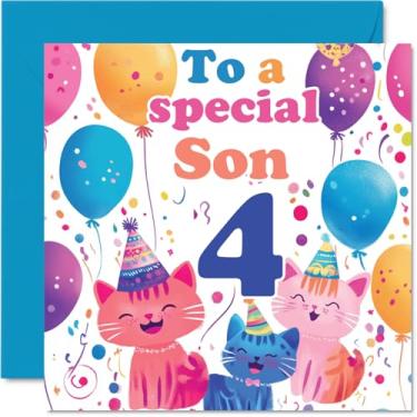 Imagem de Cartão de aniversário 4th Son - Cute Cats Special Son - Happy 4th Birthday Card for Son from Mum Dad, 145 mm x 145 mm Idade 4 quatro cartões comemorativos para filho