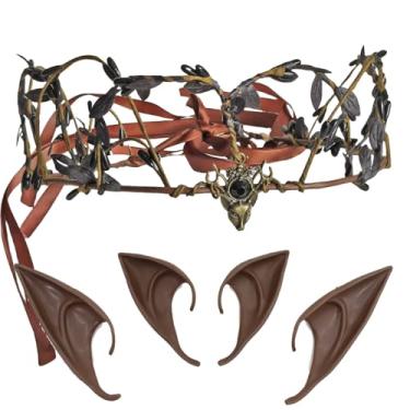 Imagem de LINSINA Coroa de flor de fada e orelhas de elfo, acessórios de fantasia renascentista com 2 pares de orelhas de elfo para mulheres (preto-b)