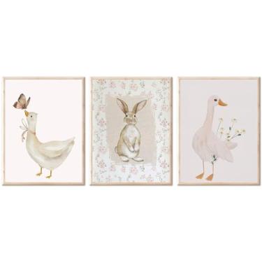 Imagem de Conjunto de 3 Impressão de Arte de Parede para Quarto Infantil Vintage Berçário de Bebê Menina Coelho e Ganso Berçário Pôster Bonito Engraçado Pintura Animal Impressão em Tela de Quarto de Crianças
