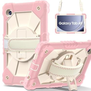 Imagem de Meifei Capa para Samsung Galaxy Tab A9 22.1 cm (SM-X110/X115/X117), capa de silicone resistente à prova de choque com suporte 360 para tablet Galaxy A9 rosa vermelha + pedra creme