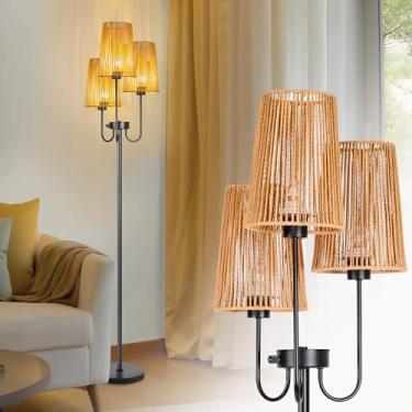 Imagem de MKPAEI Luminária De Chão Estilo Boho, Fazenda Regulável Com 3 Cúpulas Elegantes Vime E Lâmpadas Led 7 W, Luminárias Pé Pretas Rústicas 65" Altura, Árvore, Para Sala Estar, Quarto, Escritório, Canto