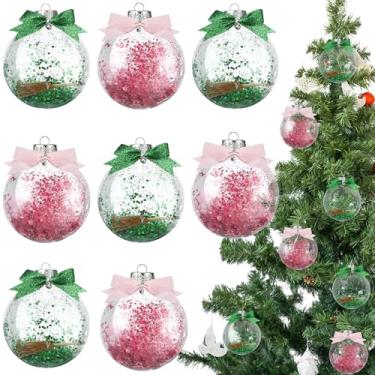 Imagem de Simgoing 8 peças de enfeite de bola de árvore de Natal com tema de bruxa, 10 cm, grande, com lantejoulas brilhantes rosa e verde, decorações de pendurar de Natal com laço de vassoura e varinha para