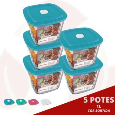 Imagem de 5 Pote Vidro Quadrado Alto Facilita c/ Tampa Sortida 1L Marinex - NADI