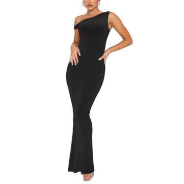 Imagem de Vestido feminino REORIA com nervuras de um ombro, maxi preto XS