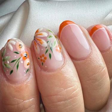Imagem de Enppode Unhas para prensa de amêndoas – Unhas com bastão brilhante médio nude, cobertura completa, 24 peças/conjunto (unhas francesas laranja curtas)