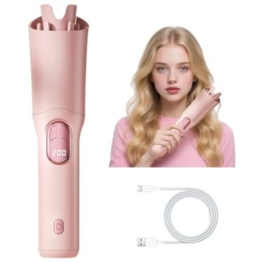 Imagem de Modelador de cachos automático, modelador de cabelo recarregável, modelador de cachos giratório com 3 temperaturas e visor LCD, modelador de cabelo de cerâmica, antiescaldante, antiembaraço, modelador