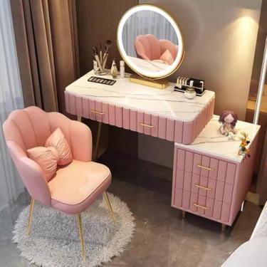 Imagem de Penteadeira Com Espelho De Luzes Led, Penteadeira Com Espelho De Brilho Ajustável, Mesa De Maquiagem Com 5 Gavetas E Conjunto De Banquetas, Cômoda De Quarto, 100cm-130cm