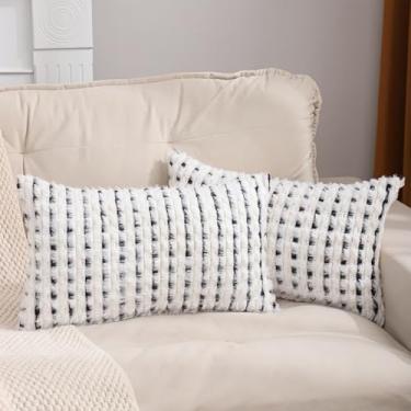 Imagem de LUOYEHK Boho Capas de almofada 30 x 50 cm conjunto de 2 fronhas de chenille tufadas para casa de fazenda capas de almofada neutra para sofá cama sala de estar, preto e branco