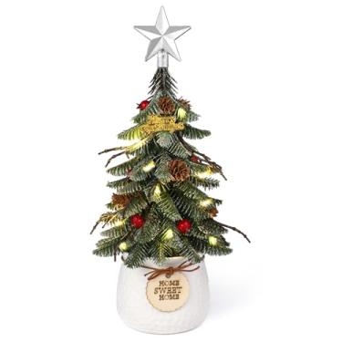 Imagem de Árvore de Natal artificial pequena de mesa, mini árvore de Natal de 33 cm com hastes realistas de pinheiro e baga, decoração de férias para escritório, casa, centro de mesa (bacia branca)