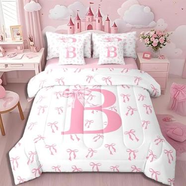 Imagem de Erosebridal Jogo de cama com laço fofo, 7 peças, com laço rosa e laço coquete, letra B, para meninas, adolescentes, estilo princesa sonhadora, colcha com lençol de cima
