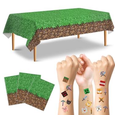 Imagem de Bigear 3 peças de toalhas de mesa de pixel e 3 peças de tatuagens temporárias, toalha de mesa de plástico à prova d'água à prova de óleo para videogame, festa de aniversário, presente