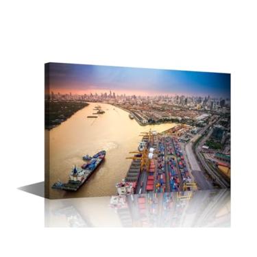 Imagem de Arte de parede de doca comercial impressão em tela recipiente de carga navio de carga no porto industrial em importação 1 painéis arte para sala de estar quarto banheiro casa decoração de parede