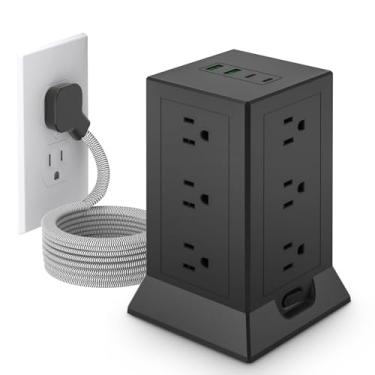 Imagem de Torre de régua de linha com várias tomadas, conector plano de 1,8 m, cabo de extensão de torre com 12 saídas CA, 4 portas USB (2 USB C), protetor de surto doméstico