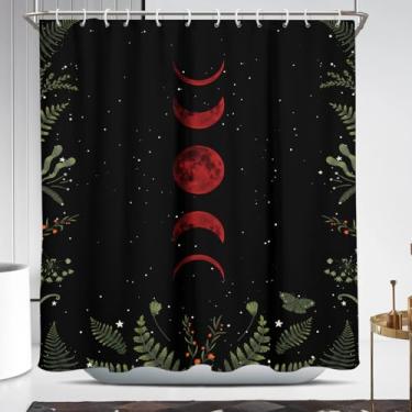 Imagem de Coxila Cortina de chuveiro lua vermelha padrão gótico gótico bruxo assustador escuro temperamental galáxia espacial estrela celestial luar hippie hippie legal anime banheiro 182 x 182 centímetros