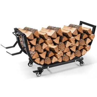 Imagem de Primachen Rack de lenha externo e interno com rodas e ganchos de madeira, armazenamento de lenha, suporte de madeira móvel para lareira, suporte de tronco estável à prova d'água para organizador de