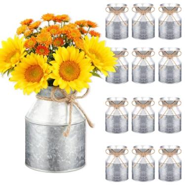 Imagem de Pansente 12 vasos rústicos de 13 cm lata de leite galvanizada de metal com laço, balde de flores vintage, adequado para centro de mesa, aniversário, casamento, festa de aniversário, arranjo floral