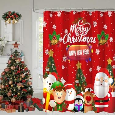 Imagem de YOSTEV Cortina de chuveiro vermelha com boneco de neve de Papai Noel para banheiro, Feliz Natal, Ano Novo, Natal, banho, decoração de casa 182 x 182 cm
