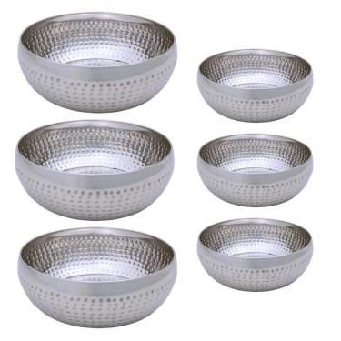 Imagem de Kit 6 Saladeiras Tigela Bowl Inox Martelado 18 E 25Cm