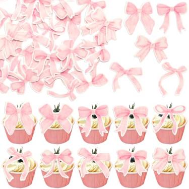 Imagem de Gyufise 50Pcs Edible Pink Bowknot Cupcake Toppers Wafer Paper Bowknot Cake Dessert Picks Drink Topper Baby Shower Princess Cupcake Toppers for Birthday Party Decoration Supplies