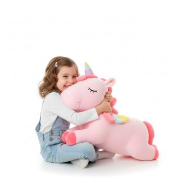 Imagem de Unicórnio de Pelúcia Rosa Fofo, 50cm, Deitado, Infantil