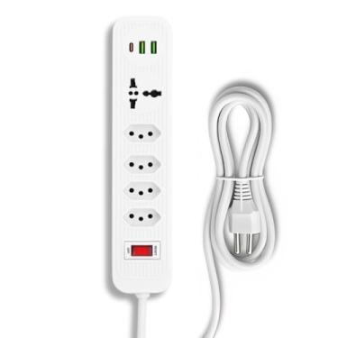Imagem de Régua de Tomada com Interruptor e Extensão 2m | 4 Tomadas Padrão, 1 Universal, 2 USB e 1 USB-C para Carregamento Rápido