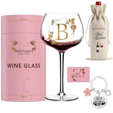 Imagem de GALOFAY Taças de vinho presentes para mulheres, alfabeto A-Z, conjunto de taças de vinho tinto com monograma dourado personalizado 'B', pacote de presente rosa com taça, saco de vinho, chaveiro e