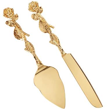 Imagem de Conjunto de facas de bolo de casamento douradas, utensílios de corte de bolo, lavável na lava-louças, liga de zinco para festa de casamento, aniversário, torta, pastelaria (flor, 1)