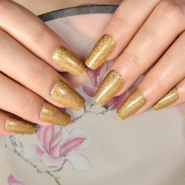 Imagem de Cobertura completa Golden Glitter Press on Nails comprimento médio caixão unhas postiças acrílicas dicas de arte de unhas falsas kits de manicure