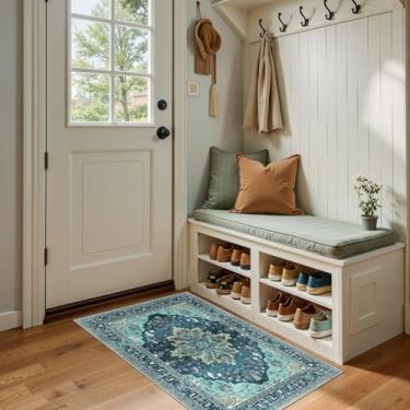 Imagem de RELEANY Tapetes de área laváveis 6 x 10 cm, antiderrapante, floral, vintage, estampa de angústia, tapete medalhão para sala de estar, quarto, sala de jantar, verde-petróleo, azul lago turquesa