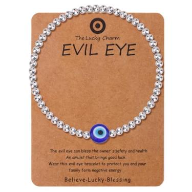 Imagem de Pulseira de Mau-Olhado, com Missangas Joia de Proteção Amuletos Boa Sorte e Mau-Olhado Pulseira com Cartão Bênção para Homem e Mulher Aniversário Presente Aniversário (Prata)