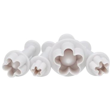 Imagem de 4 peças de cortador de biscoito de plástico para assar bolo de flor, molde de fondant, ferramentas de decoração de bolos de plástico, acessórios de panificação, ferramentas de escultura de sobremesas