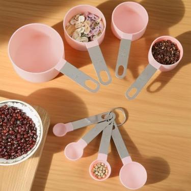 Imagem de Conjunto de 8 peças de copos e colheres medidores com alça de aço inoxidável para ingredientes secos e líquidos com cabeça de plástico para assar e cozinhar (rosa)