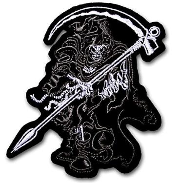 Imagem de Remendo Grim Reaper bordado esqueleto preto e branco com foice 10 x 8,3 cm, aplique de ferro ou costurado para jaqueta, colete, mochila ou chapéu, crânio gótico Jolly Roger Badge Punk Biker Roupas DIY