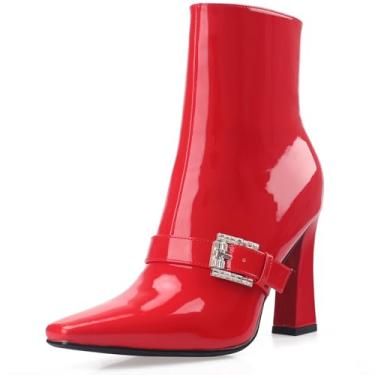 Imagem de Perisis Botas de cano curto, salto alto, grosso, preto, bico quadrado, fechado, curto, com zíper lateral, salto de 10 cm, padrão de crocodilo para mulheres e mulheres sexy, Patente vermelha, 39