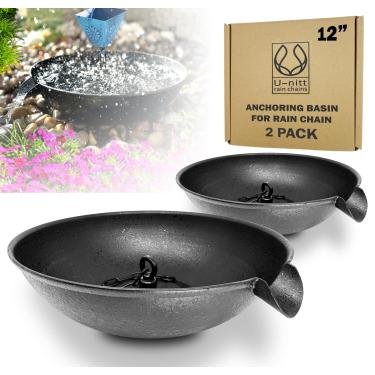Imagem de 2PK Tigela de 30,5 cm para estaca de ancoragem de corrente de chuva | Coleção de água da chuva para calha de telhado | Bom para fonte de água e banho de pássaros | Preto | Funciona com corrente de