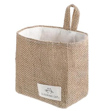Imagem de Pequena cesta de armazenamento suspensa de algodão e linho para mesa, bolsas de armazenamento para pendurar na parede, caixa organizadora dobrável para família, cesta de armazenamento de linho de