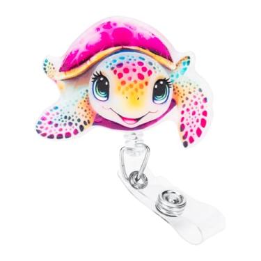 Imagem de Carretel de crachá de enfermeira, porta-crachá de enfermeira com padrão fofo, porta-cartão de identificação retrátil de tartaruga rosa com clipe jacaré, design fofo para enfermeiros, professores