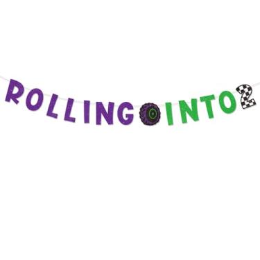 Imagem de SAVITA Rolling Into Birthday Banner, Grinalda Carro Corrida Roxa & Verde com Glitter Decorações Festa de Corrida Legais Montagem DIY Grinalda para Meninos Tema Caminhão Festa (Número 2 Quadriculado)