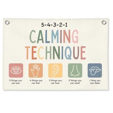 Imagem de STHTTSW Decoração de parede inspiradora, faixa de lona de linho com técnica calmante Boho para escritório de terapia, afirmação positiva, saúde mental, arte de parede para canto calmante, conselheiro