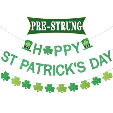 Imagem de Decoração de banner pré-amarrada feliz dia de São Patrício, placa de banner de dia de São Patrício com glitter com guirlanda de trevo para primavera irlandesa, casa, escritório, lareira interna, manto
