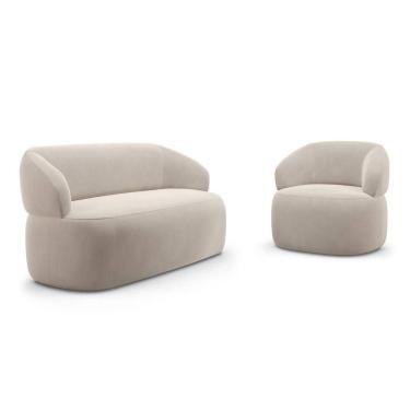 Imagem de Kit Poltrona Giratória E Sofá Orgânico Living Glee 03 Lugares 170cm Veludo Bege - Abmaza